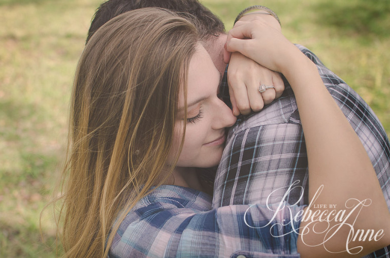 couple, country, plaid, embrace, engagement couple, girl, smile, hug