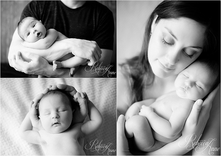 father, mother, daughter, sleeping, awake baby, baby, newborn, infant, black and white, wide-eye baby